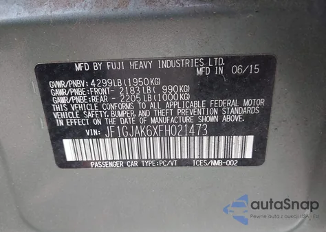 2015 Subaru Impreza 2.0I Premium z USA, uszkodzony, nr VIN JF1GJAK6XFH021473